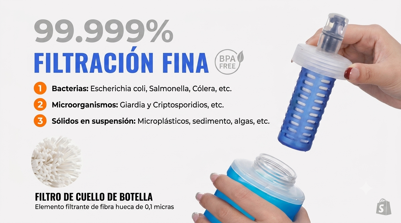 Botella filtrante para senderismo, camping o deportes al aire libre